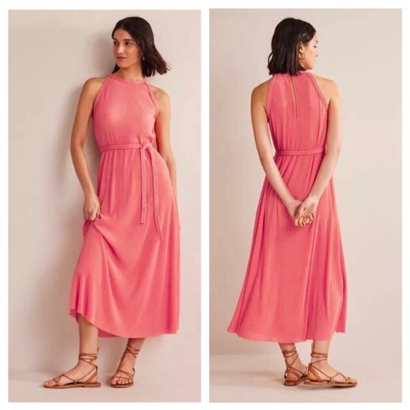 Boden Plisse Braided Tie Textured Sleeveless Halter Pink Coral Midi Dress sise 6